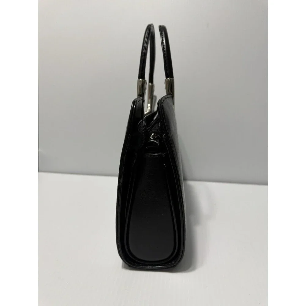 Black Faux Leather Metal Handle Handbag Purse With Removable Insert Vintage